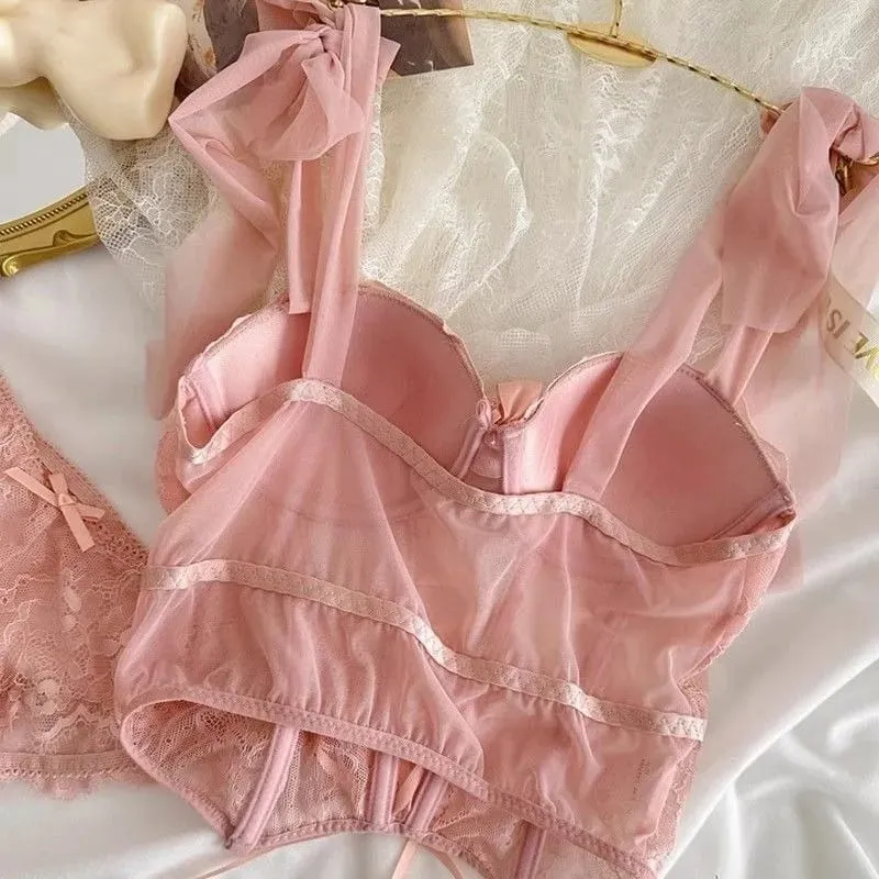 Japan Sexy Lingerie Set Lolita Kawaii Pink White Laced Up Adult Cosplay Women Bra Underwear Set Girl Sleepwear Clothing