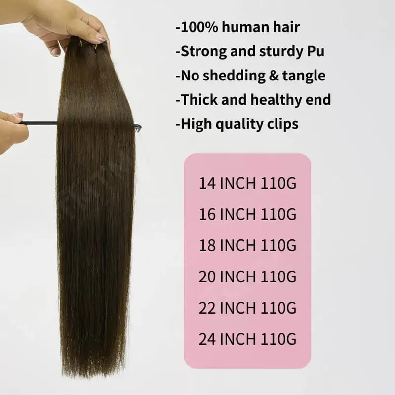 Invisible PU Weft Clip In Extension Human Hair 7Pcs 110g/set Clip Ins Human Hair Extensions 14-24Inch Silk Straight Clip On Hair