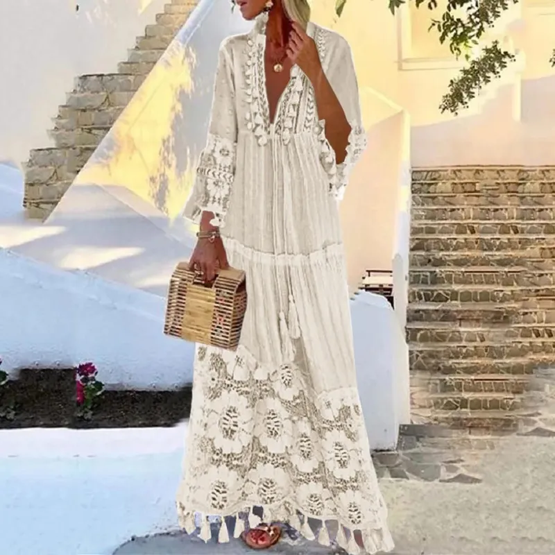 Damen Bohemian V-Ausschnitt Quaste Große Größe Freizeitkleid Frauen Spitze Solide Mode Kleid Elegante Robe Boho Urlaub Langes Kleid