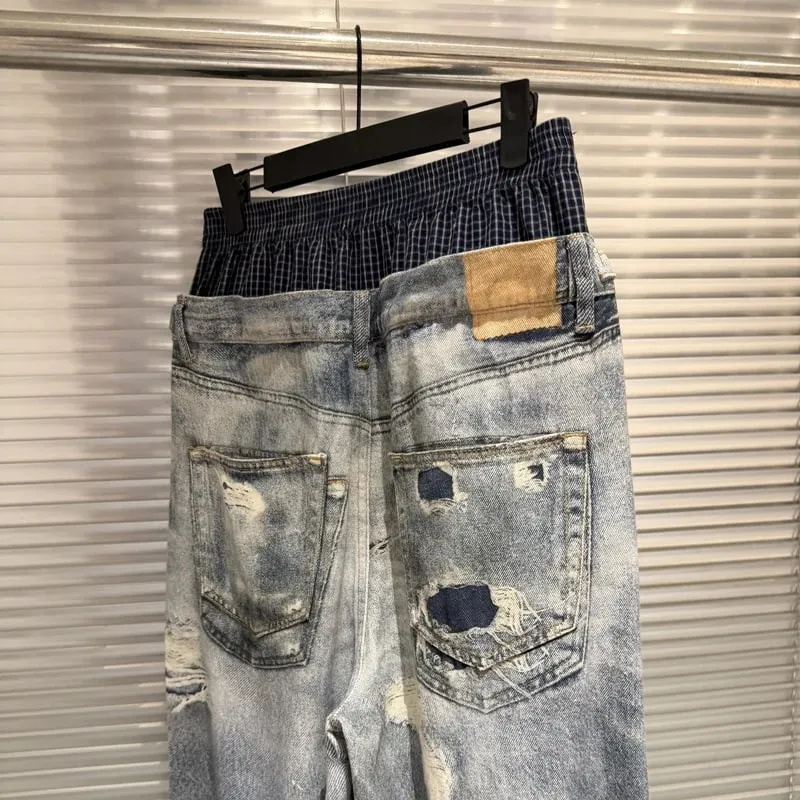Trend Fashion Street Style Fake Two Piece Double Waist 3D Printed Digital Printed Ripped Baggy Protocol Index Jeans