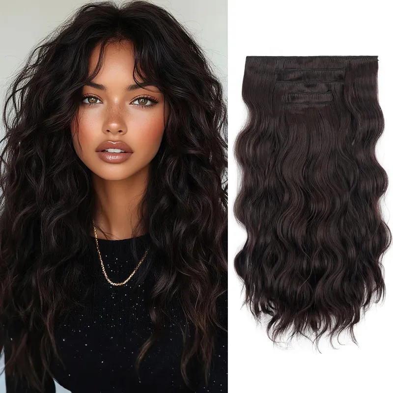 20Inch 5pcs/set Synthetic Hair Extension Long Curly Heat Resistant Black Hairpiece for Women