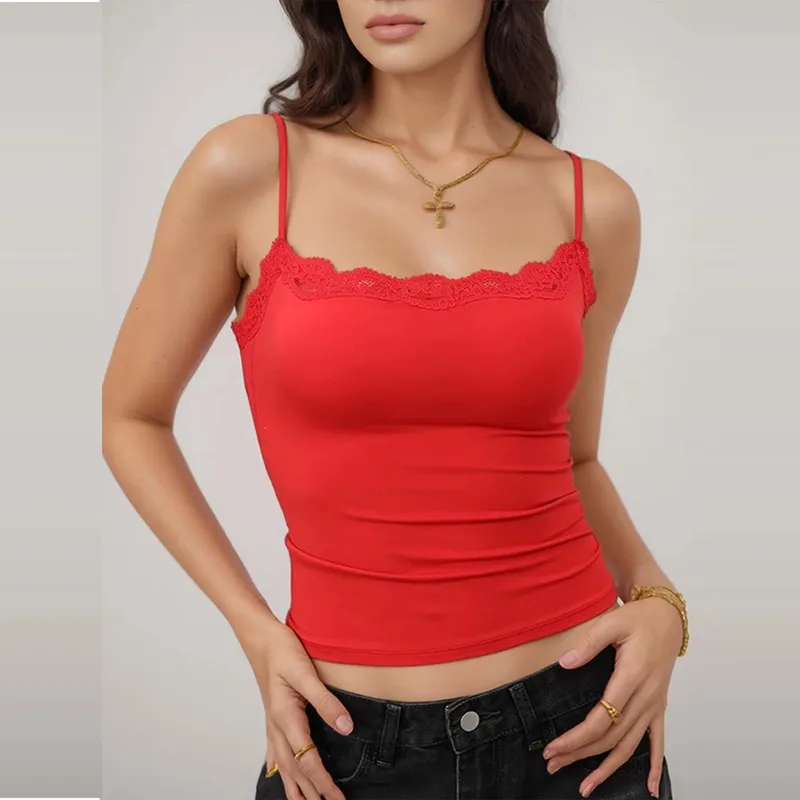 Sexy Lace Style Aesthetic Sweet Tank Tops Women Sleeveless Casual Solid Color Tanks Harajuku All Match Cropped Thin Fashion Cami