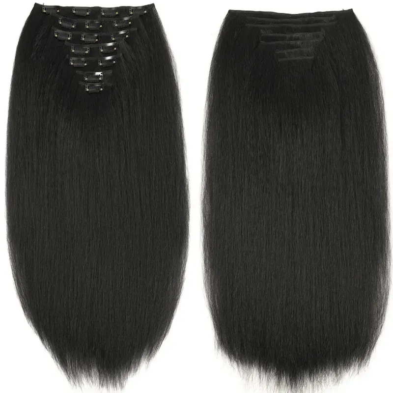 Synthetic Kinky Straight Clip in Hair Extensions 7pcs 16Clips Yaki Straight Clip Ins 22Inch/55cm Full Head Hair Extensions