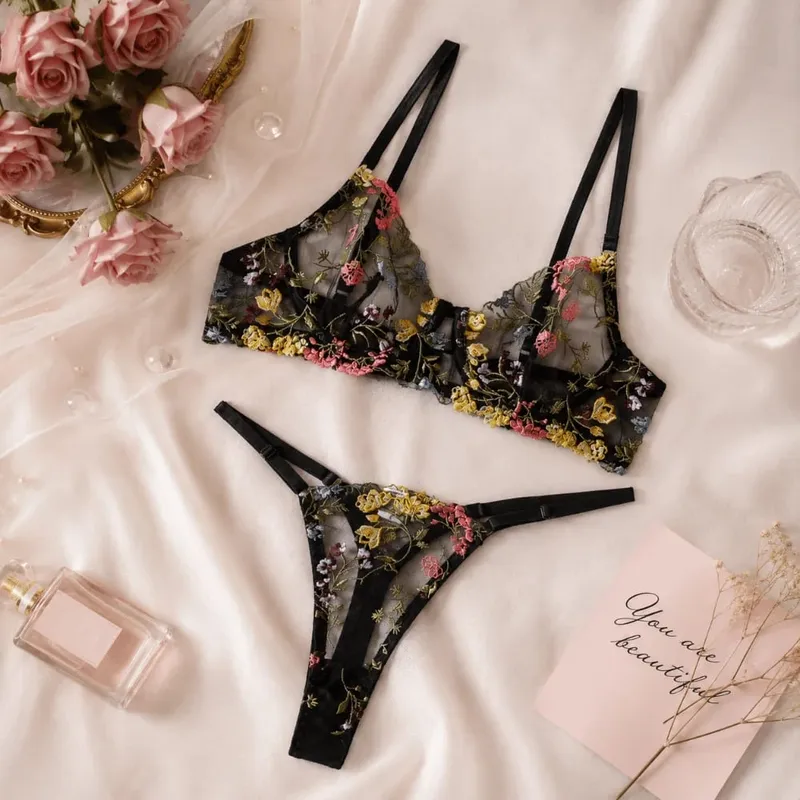 Sheer Intimates Transparent Lingerie Set Ultra-thin Push Up Embroidery Floral Underwear Elegant Bra Suit Girl