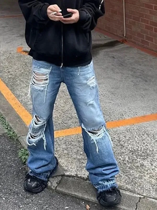 Unisex Wide Leg Flared Jeans Torn Hole Cut with Cat Whisker Fringe Blue for Men And Women ZJ014