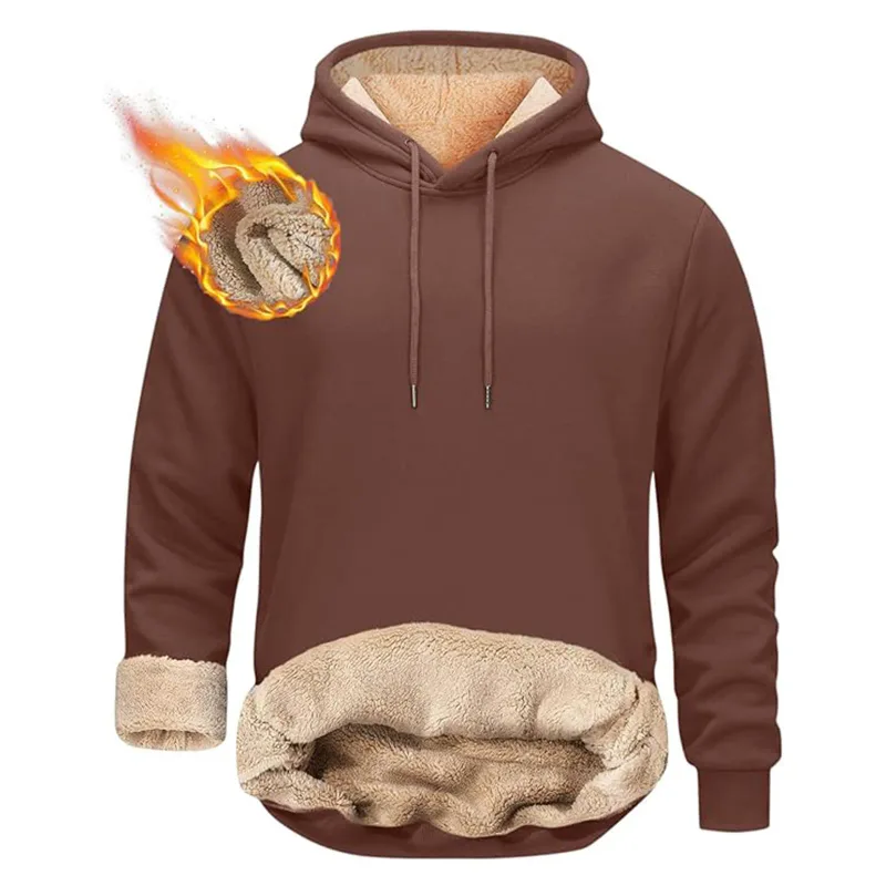 Winter Men's Warm Hoodies Sports Thick Sweatshirts Windproof Thermal Casual Solid Color Loose Long Sleeve Pullover Streetwear