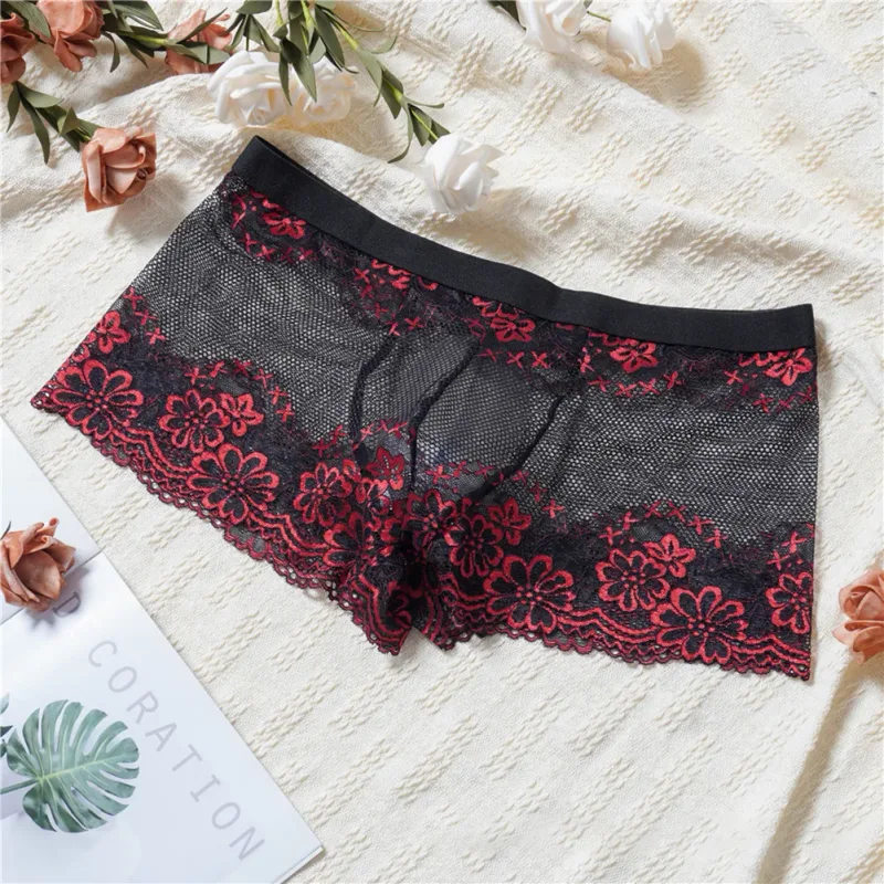 Men Lace Jacquard Mesh Boxer Shorts Underwear Hollow Temptation Exotic Trunks Silk Soft Quick Dry Breathable Sexy Panties — image 19
