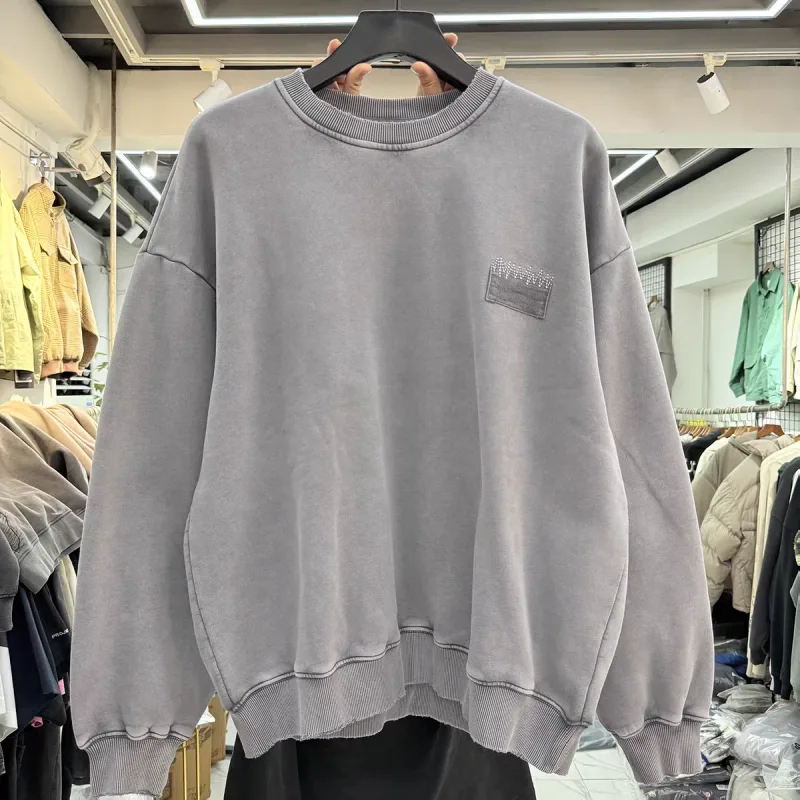 Nice Washed Embroidery Solid Crewneck Men Women Oversized Heavy Fabric Unisex Sweatshirts