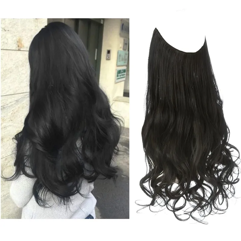 Sintético sem clipes na extensão do cabelo natural ombre preto loiro rosa uma peça onda longa fio invisível falso pedaço de cabelo