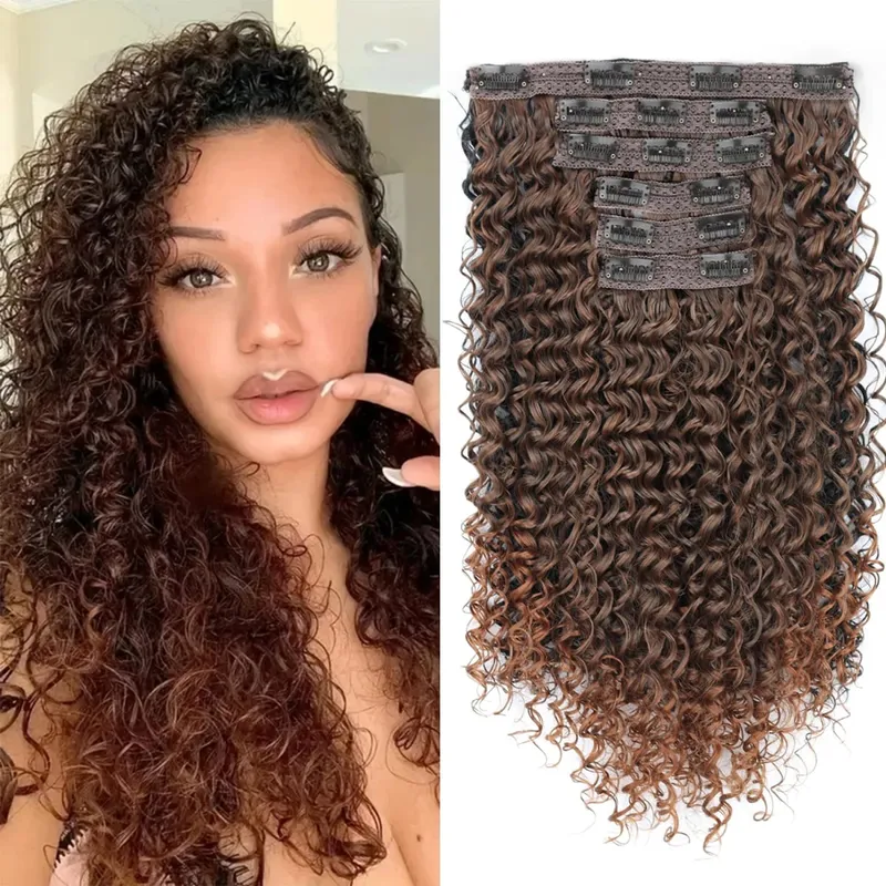 Synthetic 26Inch Kinky Curly 16 Clip In Hair Extensions Black Brown Full Head Fake Pieces Kinky Curly Hair Extensions