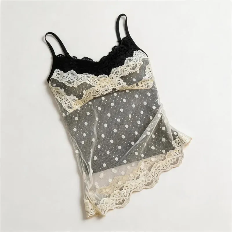 Women's Polka Dot Lace Spaghetti Strap Camisole with Pad Bust Adjustable Straps Side Lace Sexy Summer Daily Top A33079
