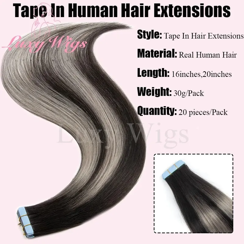 Highlights Gray Tape in Hair Extensions Human Hair Straight Black Blonde Seamless PU Skin Weft Tape In Hair Extensions 20PCS