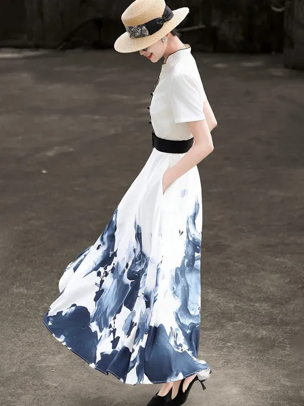 2026 Summer New Chinese Style Ink Painting Print Waist Cinched Swing Dress