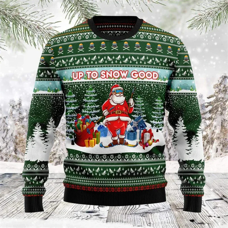 Fashion Skiing Santa Graphic Ugly Christmas Sweater For Men Trendy Streetwear 3D Printed Xmas Sweatshirts Loose Holiday Pullover