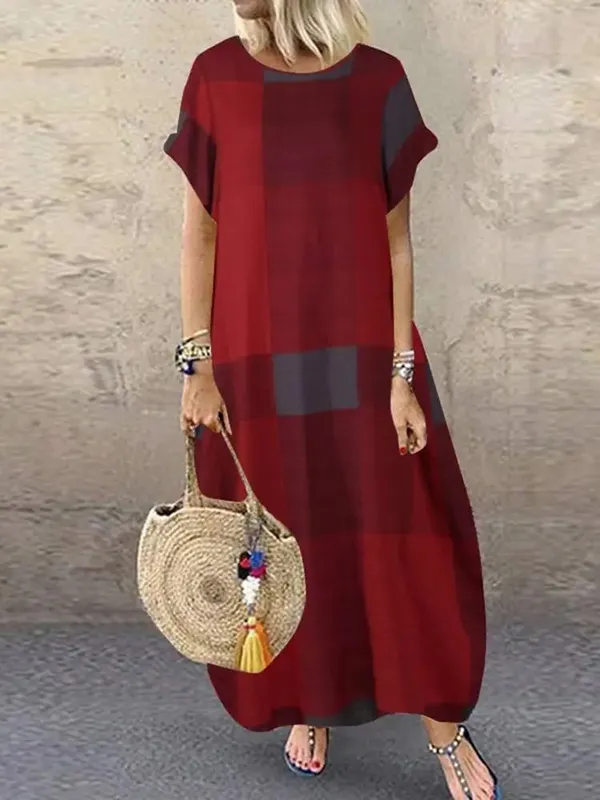 Bohemian Plaid Überprüft Sommerkleid Sommer Kurzarm Langes Kleid Mode Urlaub Partei Vestido Femme Casual Lose Robe 2025