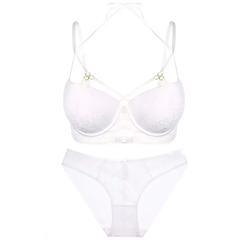 high quality sexy lace women bras and brief two piece set push up B C D cup wire summer lingerie underwear black white