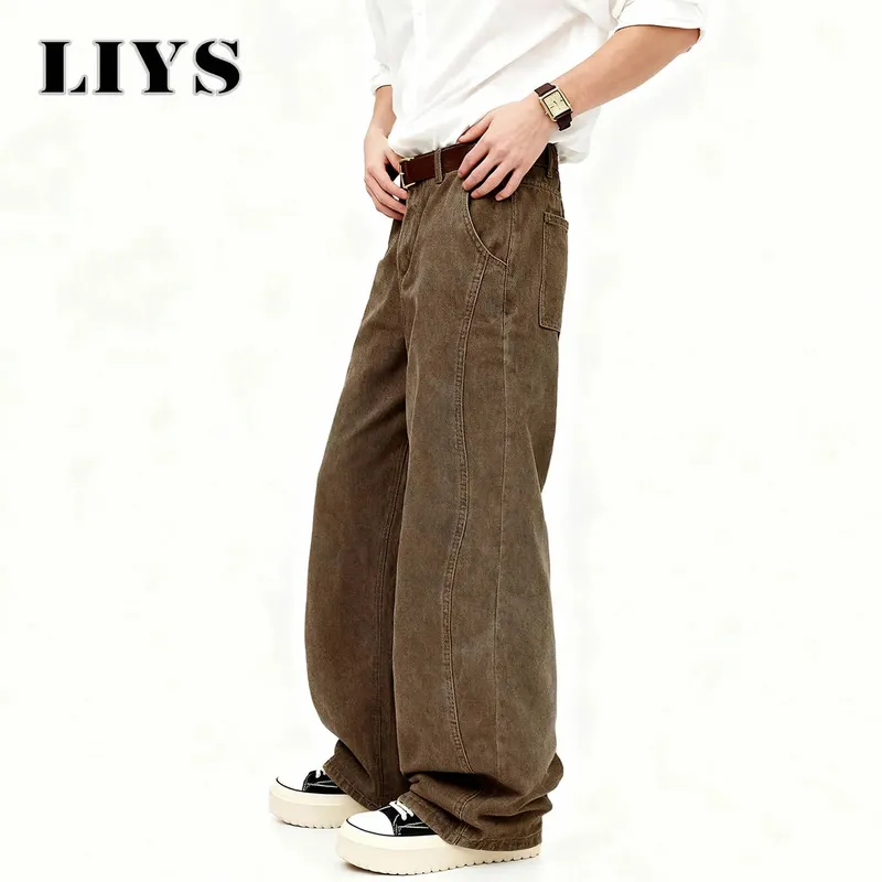 American Men's Retro Brown Ultra Baggy Wide Leg Jeans Street Casual Embroidery Oversized Men's Clothes Unisex Denim Pants