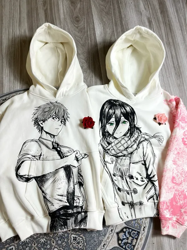 Denji and Reze Cotton Anime Hoodie Crew Neck Loose Summer Cotton Sweatshirt Harajuku Unisex Hoodies Oversized Men Clothing