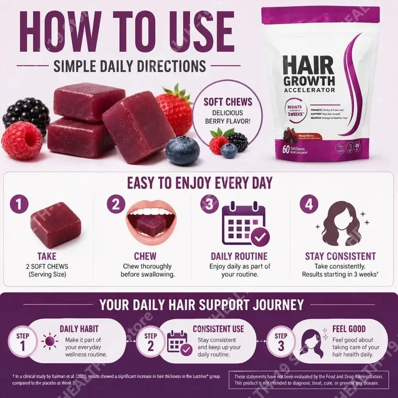 Hair Growth Soft Chews – Vitamin C & E Supplement for Thicker Fuller & Healthier-Looking Hair – Berry Flavor – 60 Soft Chews