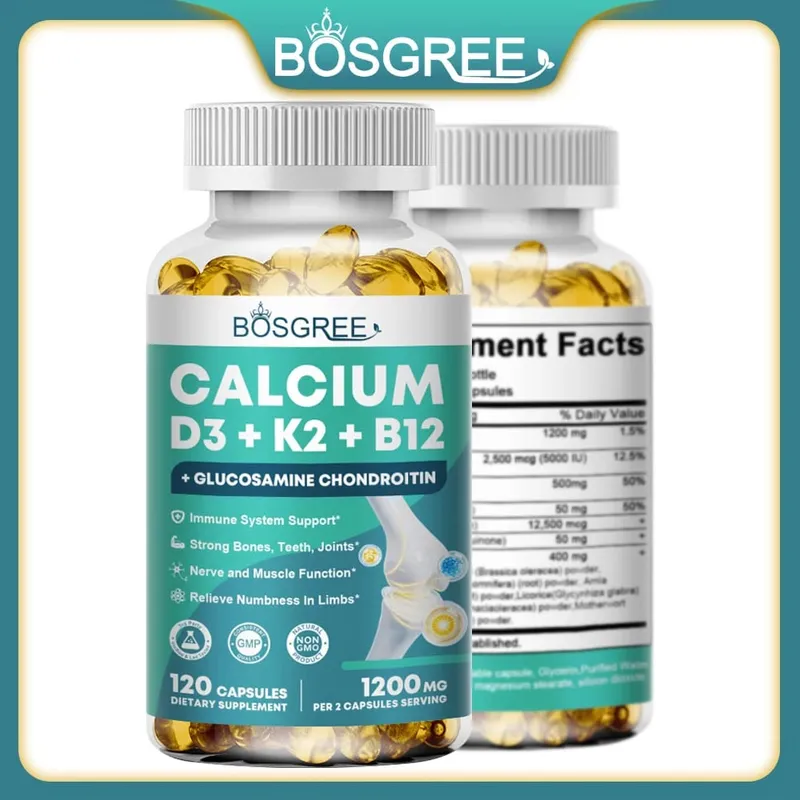 Calcium D3+K2+B12 Capsules-Immune and Muscle Health Support-Promote Bone and Tooth Health Replenish Joints-D3 K2 Supplements