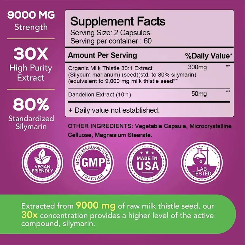 Organic Milk Thistle 9000mg - 30X Concentrated Extract with 80% Silymarin for Liver Cleanse Detox & Fatty Liver Support