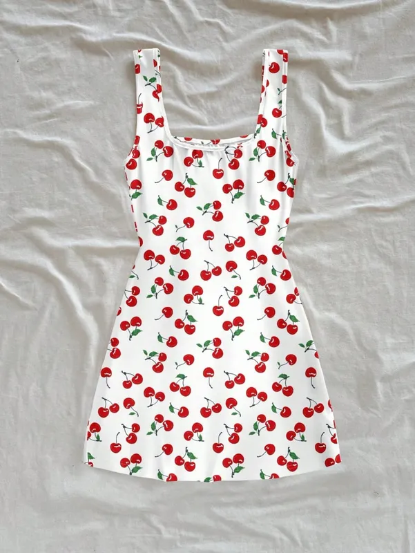 Women's Sexy Vacation Style U-Neck Cherry Print Open Back Side Slit Mini Dress for Spring/Summer