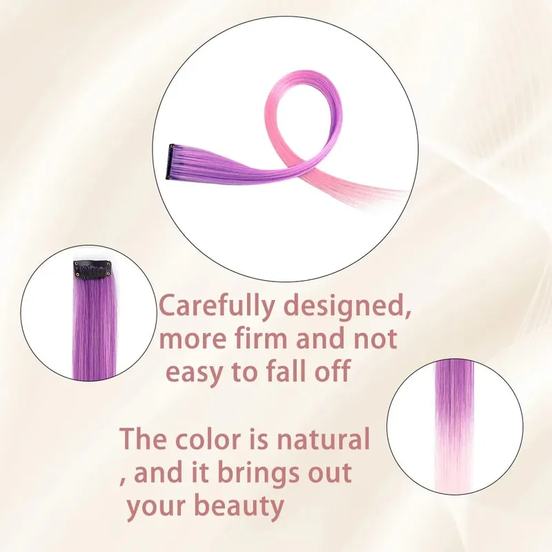 8pcs/pack Colored Party Highlights Clip in Hair Extensions for Girls 22 inches Multi-colors Straight Hair Synthetic Hairpieces