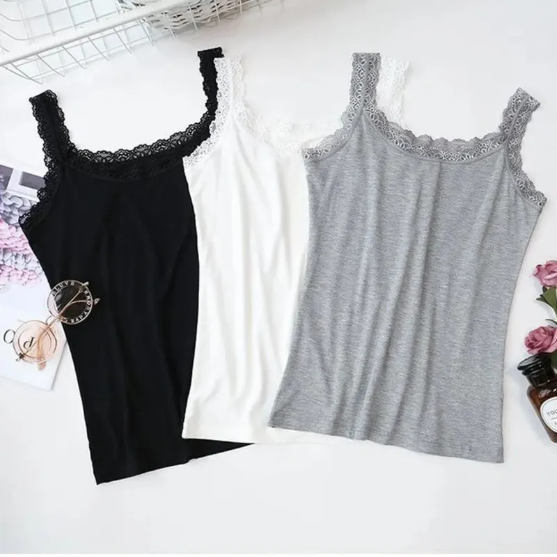 Casual U Neck Summer Tank Tops Sleeveless Slim Fitted Tops With Lace Underwear Cami Top Shirt for Women