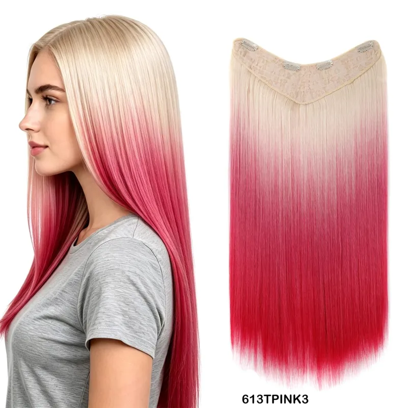 Clip In Hair Extension Ombre Color Brown Blonde V-Shape One Piece Straight Hair Whit 4 Clips Synthetic Hair Pieces For Women