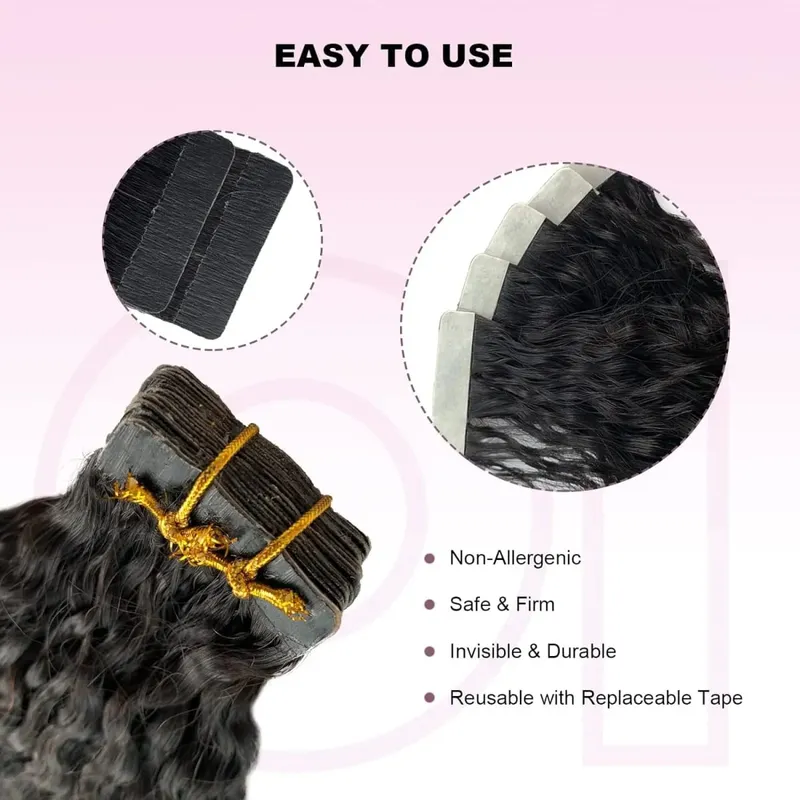 Kinky Straight Tape Ins Hair Extensions Invisible Adhesive Glue Natural Black Yaki Tapes in 100% Human Hair Full Head 50g/20Pcs