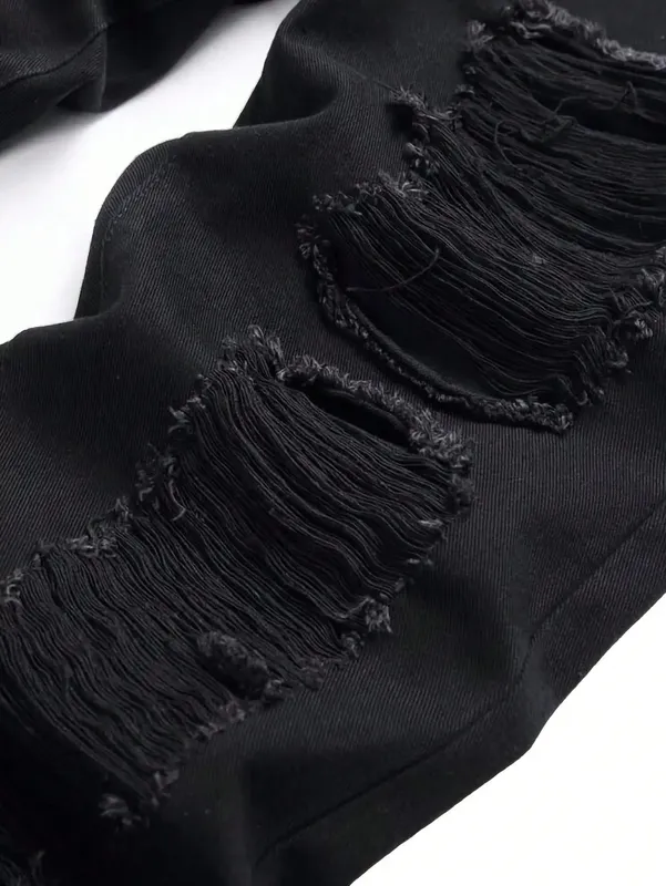 Single piece of trendy streetwear: straight-cut ripped denim jeans in black.