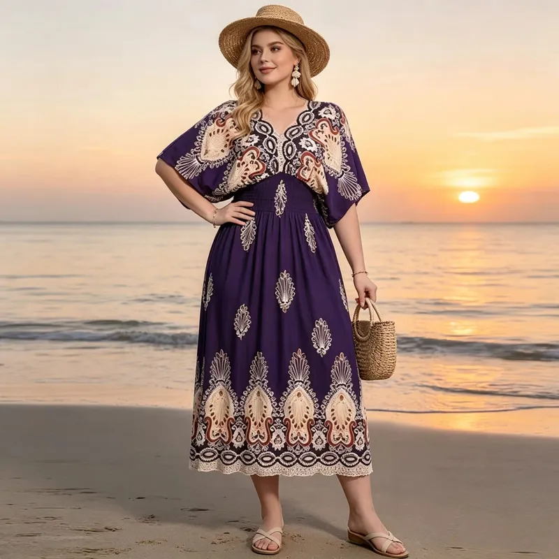 Boho Holiday Women V-Neck Batswing Short Sleeve A-Line Midi Dresses Slim Elastic Waist Casual Vintage Office Lady Elegance Dress