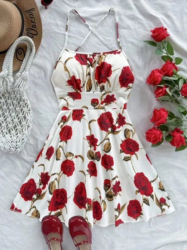 Hanging neck cross thin suspender short dress with waist cinching and big swing creating an atmosphere for women's short skirt