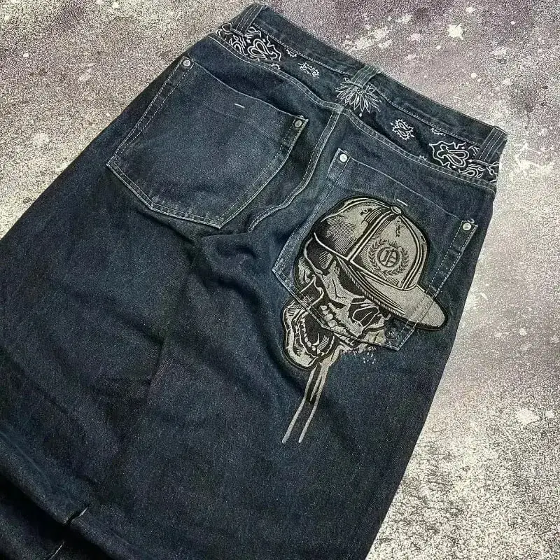American Y2K Hip Hop Fashion Trend Skull Embroidery Spot Jeans Men Street Loose Straight Wide-leg Pants Couple Oversized Jeans