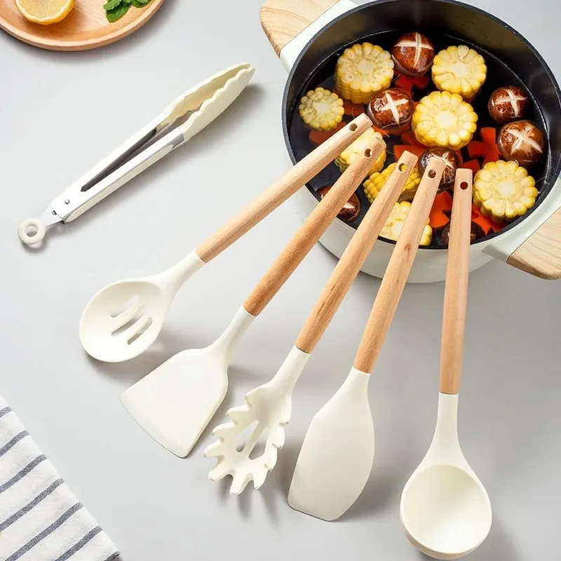 2/12Pcs White Silicone Kitchen Utensils Set with Wooden Handle Cookware Spatula Heat Resistant Non-stick Kitchen Cooking Tools