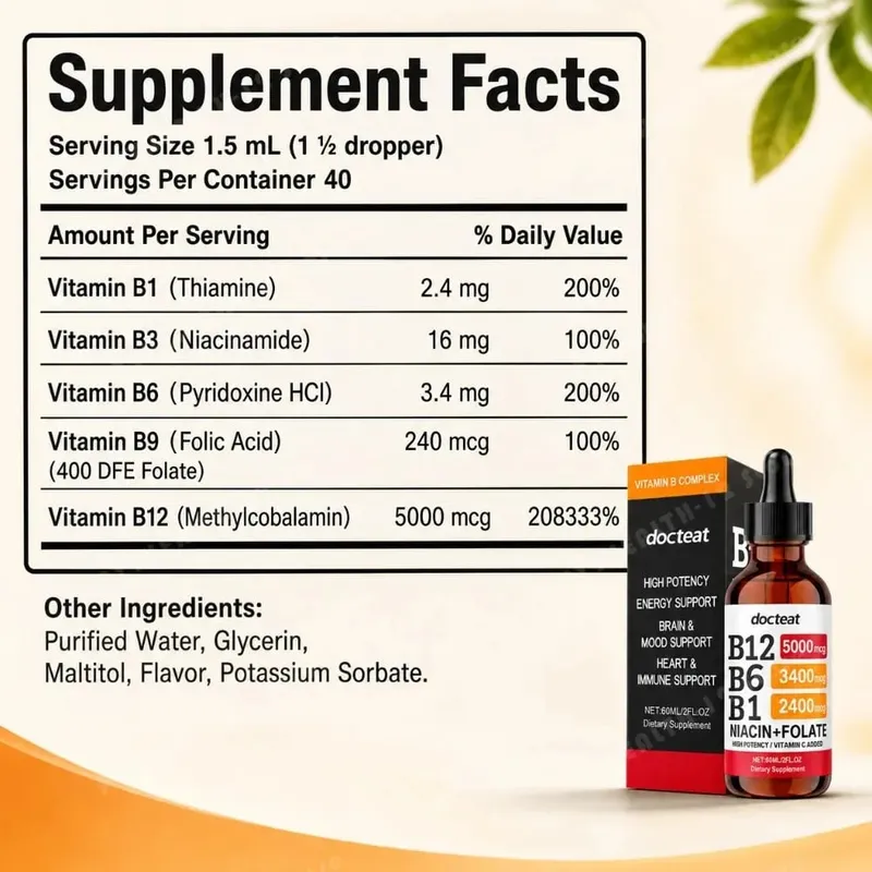Docteat B Complex Drops 60ml High Potency B12 5000mcg Methylcobalamin Energy Brain Mood Heart Immune Support Non GMO Vegan