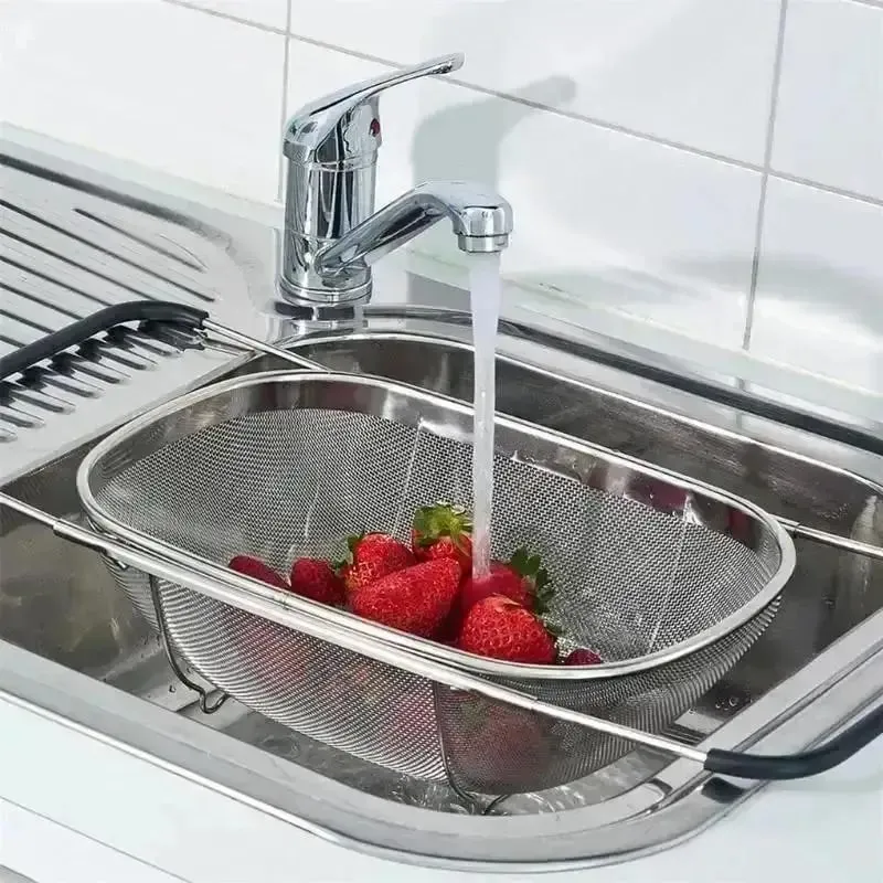 Retractable Drain Basket Rubber Grip Handles Oval Colander Sink Vegetables Draining Rack Home Storage Basket Stainless Steel