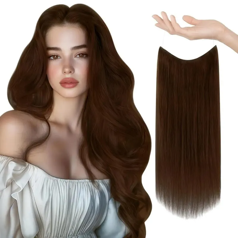 Invisible Halo Hair Extensions Real Human Hair Fish Wire Adjustable Band Secret Clip-in Extension for Women Chocolate Brown