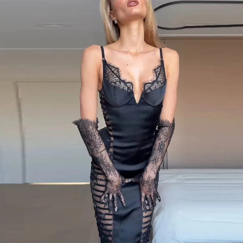 Women's Sexy Side Perspective Lace Dress Black Buckle Satin Mesh Panels Midi Dress Stylish Lady Date Club Party Trend Clothes — image 3