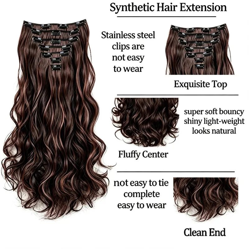18inch 16 Clips Long Wavy Black Hair Extensions Heat Resistant Fiber Hairpiece Women Halloween Cosplay Costume Daily Hairstyle
