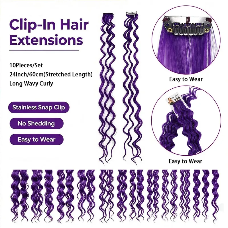 Deep Wave Hairpiece Synthetic Hair Extensions 10 Pcs/Set Clip In Hair Extension 24Inch Multiple Pure Color No Shedding For Women