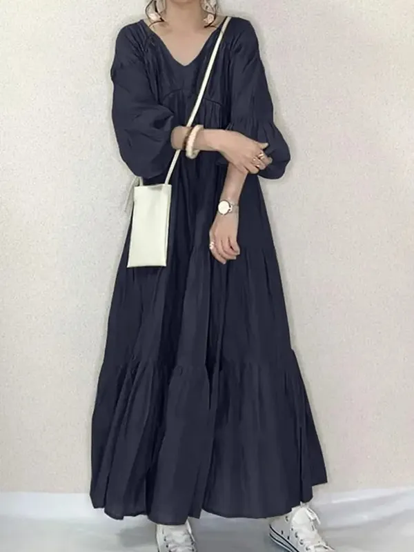 Robe longue à volants Vintage pour femmes, tenue de printemps décontractée, manches bouffantes, Maxi, col en V, robes élégantes
