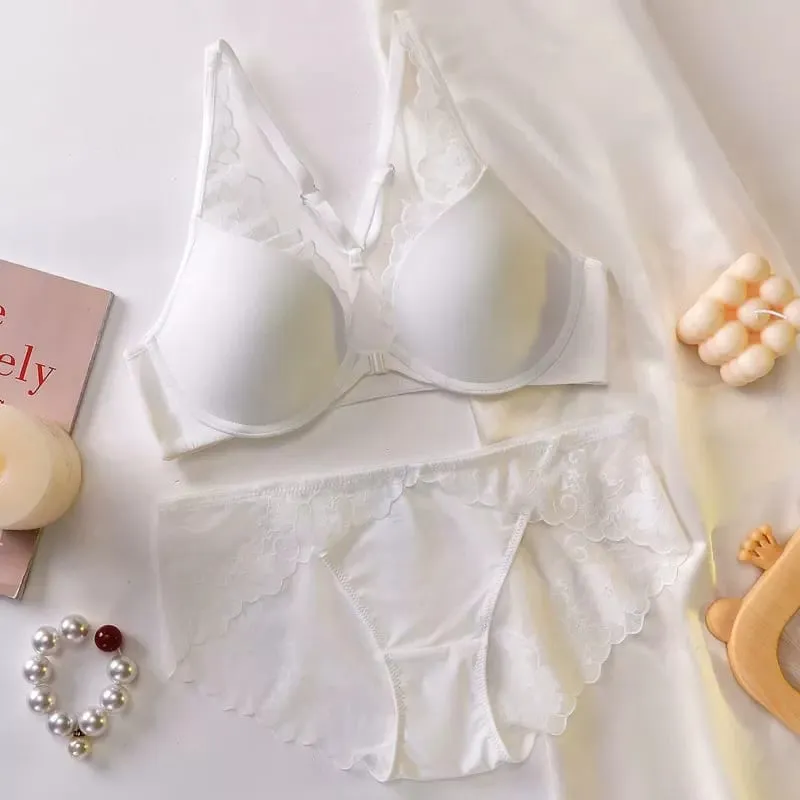 Seamless Front Buckle Halter Bra Soft Underwire Thin Summer Push Up Small Bust Minimizer Big Chest Sexy Back Lingerie 32-38 Set