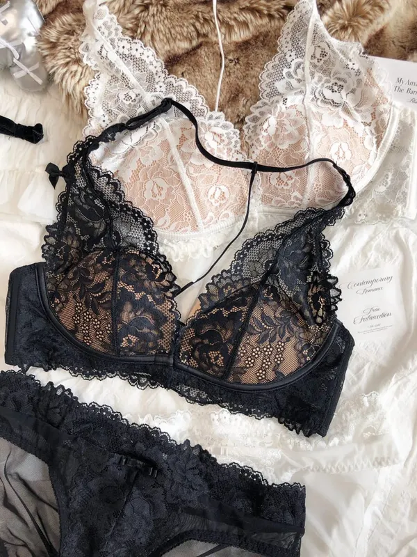 Sexy Lace Embroidery Women Lingerie Set French Thin Cup Halter Bikini Bra High Quality Push Up Bralette Backless Underwear Set