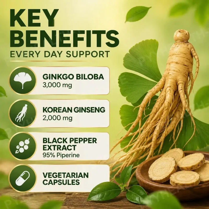Panax Ginseng & Ginkgo Biloba 5000mg Equivalent with 95% Piperine Daily Energy Focus & Vitality Support 120 Vegetarian Capsules