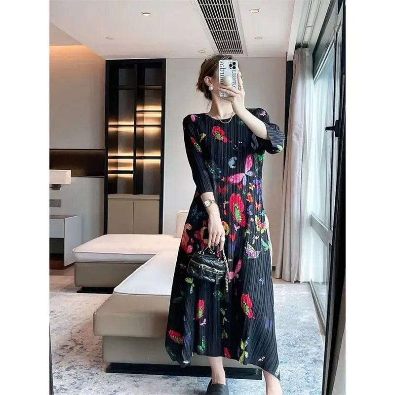 Miyake長洋裝百褶晚禮服印花女夏季百褶百搭時尚輕奢優雅名媛風洋裝