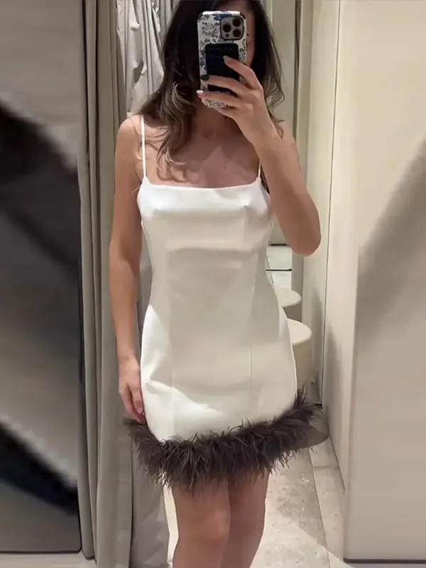 Fashion 2026 Elegant French Splicing Feather Mini Dress Women's Sleeveless Backless Party Sling Dresses Evening Party Gowns