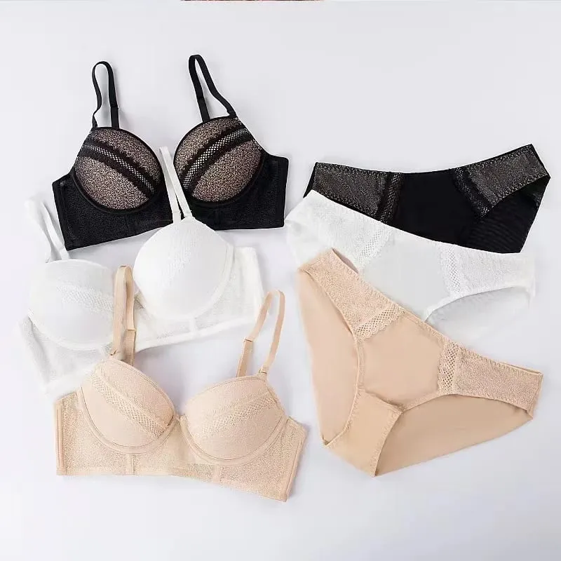 2025 New Sexy Lace Push Up Lingerie Set Small Breast Gathering Anti-sagging Soft Underwire Bra Set For Women