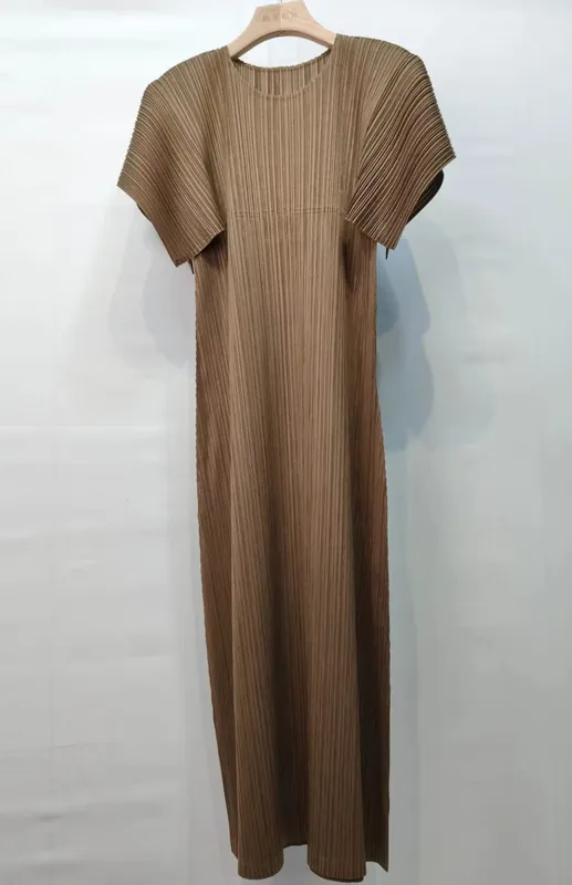 Miyake Pleated Dresses 2026 New Puff Sleeve V-Neck Loose Simple Slimming Elegant Long Dress Women's Draped Comfortable Clothing