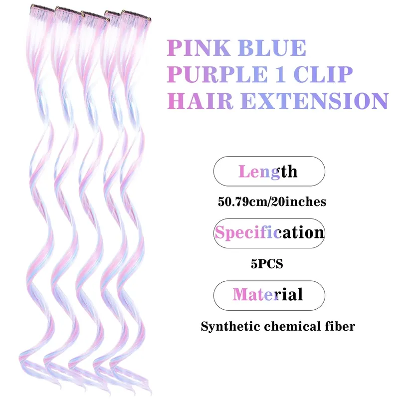 Syntetisk 5 stk Clip In Hair Extensions Farverig Ombre Curly Wig Rainbow Highlight Hair Clip On Hairpieces Til Kvinder Piger